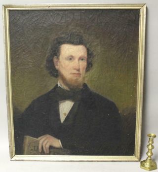 A 19th C Oil Portrait Of A Gentleman In Black On Linen Bed Ticking