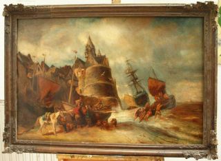V/large 19thc " Unloading The Catch " French School Signed Antique Oil Painting