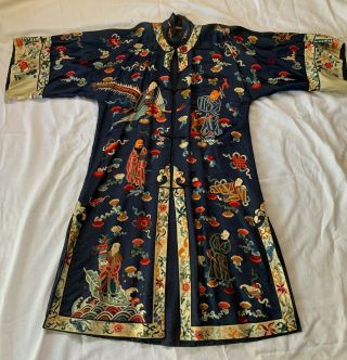 Vintage Antique Embroidered Chinese Silk Robe Japanese Designs Dark Blue