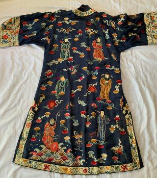 Vintage Antique Embroidered Chinese Silk Robe Japanese designs Dark Blue 2
