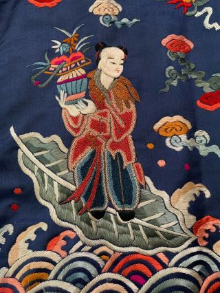 Vintage Antique Embroidered Chinese Silk Robe Japanese designs Dark Blue 3