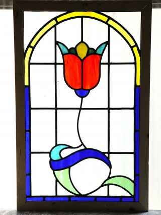 Large Antique Stained Glass Window Six Color Art Nouveau Tulip (3127)