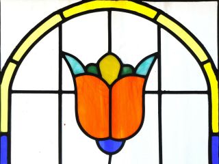 Large Antique Stained Glass Window Six Color Art Nouveau Tulip (3127) 2