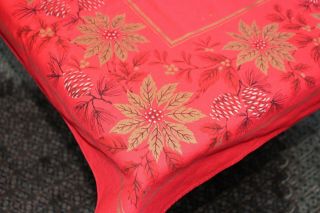 Vintage Cotton Rosy Red Christmas Tablecloth 48x64 Pine Poinsettias,