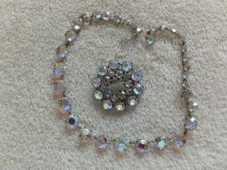 Vintage Costume Jewelry Open Backed Ab Rhinestone Necklace & Brooch