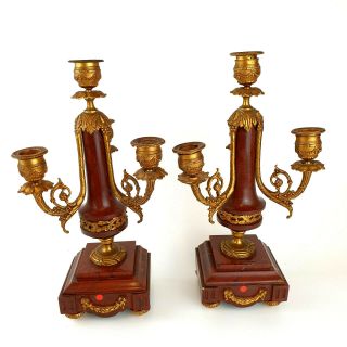 Antique French Empire Style Gilt Metal And Rouge Marble Candelabra 33cm