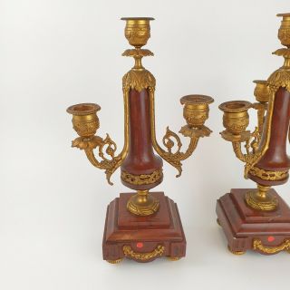 Antique French Empire Style Gilt Metal And Rouge Marble Candelabra 33cm 2