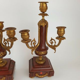 Antique French Empire Style Gilt Metal And Rouge Marble Candelabra 33cm 3