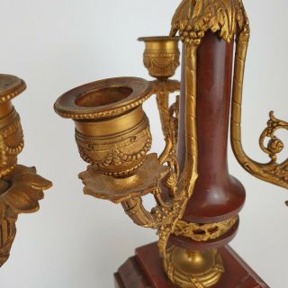 Antique French Empire Style Gilt Metal And Rouge Marble Candelabra 33cm 4