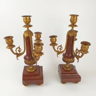 Antique French Empire Style Gilt Metal And Rouge Marble Candelabra 33cm 6