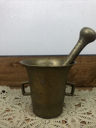 Vintage Brass Apothecary Mortar And Pestle Square Handle 5 Inch