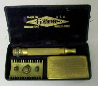 Vintage Gillette Pocket Gold 3 Piece Ball End Open Comb De Safety Razor In Case
