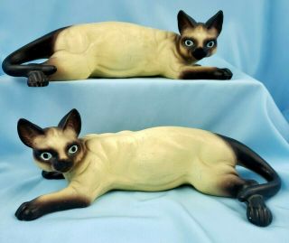Pair Vintage Cat Figurines 9 " Siamese Japan Bisque Blue Eyes Seal Point Prowling