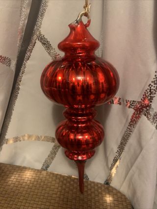 DEPT 56 Vintage 9 1/2” RED OPTIC MERCURY GLASS Double Finial CHRISTMAS ORNAMENT 2