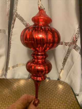 DEPT 56 Vintage 9 1/2” RED OPTIC MERCURY GLASS Double Finial CHRISTMAS ORNAMENT 3