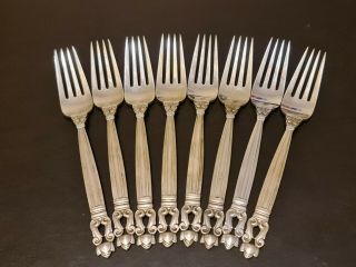 A Set Of 8 Denmark Georg Jensen Sterling Silver Acorn Pattern Forks