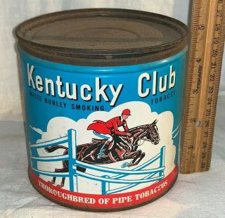 Antique Kentucky Club Pipe Tobacco Tin Litho Can Horse Rider Jumping Wheeling Wv