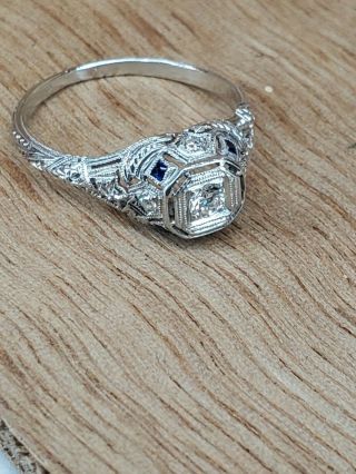 Art Deco Platinum Diamond Sapphire Engagement Ring Size 6 - 3/4.  15tcw