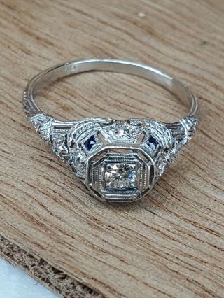 ART DECO PLATINUM DIAMOND SAPPHIRE Engagement ring size 6 - 3/4.  15TCW 3