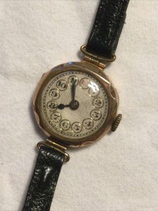 Vintage 375 9ct Gold Wristwatch Ladies Watch With Leather Strap