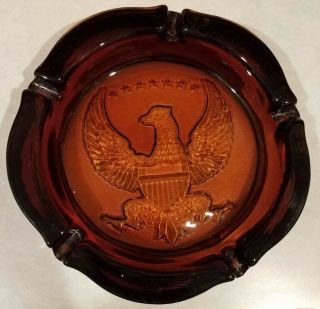 Vintage 10 " Very Heavy Brown Amber Glass Ashtray With Embossed Eagle