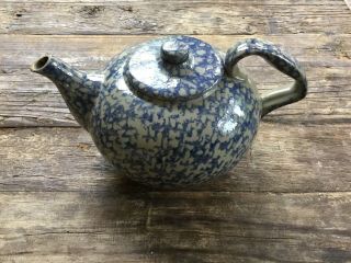 Vintage Beaumont Brothers Pottery Blue Salt Glaze Spongeware Teapot W/lid