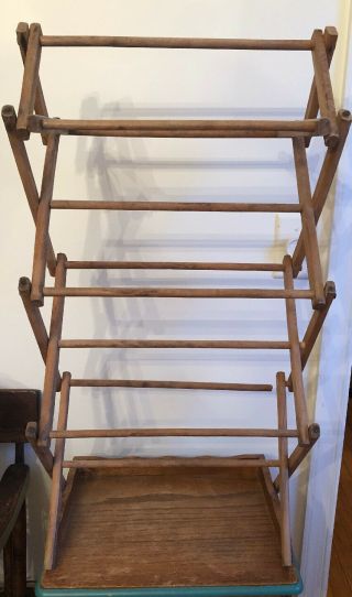 Vintage Primitive Country Wood Folding Clothes Drying Rack Small 28”h 15”w Open
