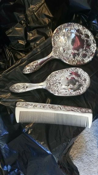 Vintage Vanity Set,  Hair Brush,  Comb And Mirror.  Silver Plated