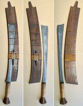 Antique Damascus Dao Sword Of Naga Tribe Assam India Burma Complete W/ Sheath