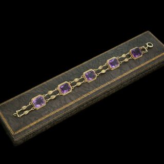 Antique Vintage Nouveau 14k Yellow Gold Purple Amethyst Riviere Chain Bracelet