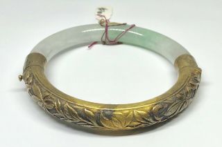 Vintage Gold Washed Silver White & Green Jadeite Jade Chinese Bangle Bracelet (d