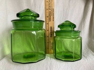 2 Le Smith Pretty Green Glass Canisters Apothecary Jars Vintage Mid Century