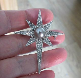 Vintage Art Deco Style Jewellery Rhinestone & Pearl Christmas Star Brooch Pin