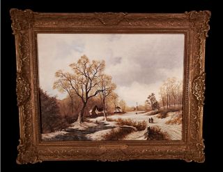 Framed Antique Snowy Winter Landscape Oil Painting Wood Panel Art By G Williams