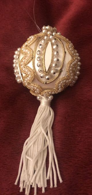 Vintage Satin Bead & Sequin Christmas Tree Ornament Handmade Pushpin Gold White