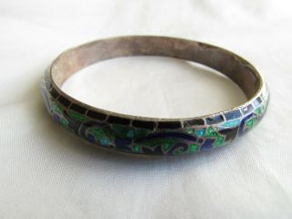 Vintage Asian Blue Green Enamel Sterling Silver Bangle Bracelet