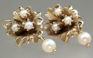 Lovely Antique Victorian 14k Gold Pearl Floral Dangling Drop Flower Earrings