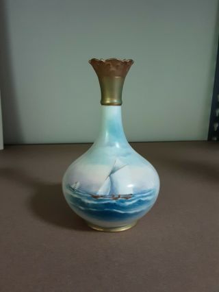 Antique Royal Worcester Hand Painted Vase By A.  Rushton Sailing Scene