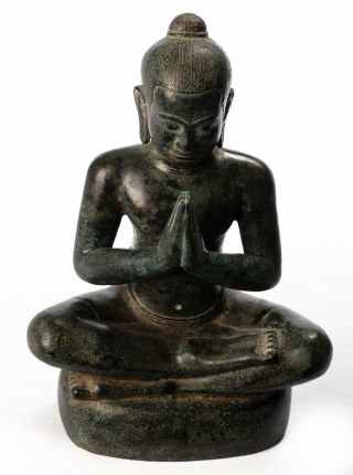 Antique Khmer Style Seated Bronze Jayavarman Vii Statue - 30cm/12 "