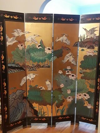 Antique/ Asian,  Oriental Vintage Four Panel Wood Lacquer Room Divider Screen