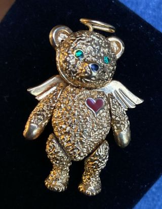 Vintage Signed Batya Gold Tone Angel Teddy Bear Pendant Pin Brooch Charm