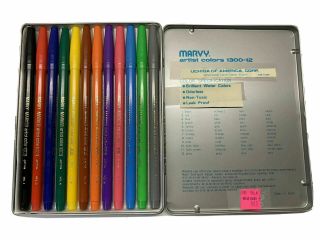 Rare Vintage Marvy Marker Artist Colors 1300 - 12 Tin Pens Sailboat