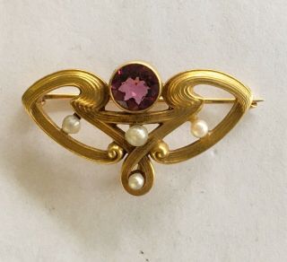 Antique Art Nouveau 14k Pin/ Holder With Amethyst & Pearls