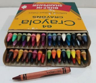 Vintage Binney & Smith Box Of 64 Crayola Crayons With Indian Red Retired Color