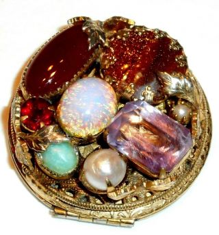 Vintage Elegant Glass Cabachon & Rhinestone Necklace Pendant Locket 1 5/8 " Wide