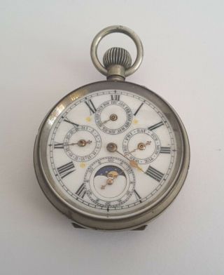 , Antique,  Multi Dial,  Moon Phase,  Pocket Watch.  W /o Dia.  5cms.  C.  1900.