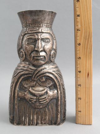 Large Peru.  900 Silver,  Peruvian Chimu Shicha Beer Figural Qero Libation Vessel