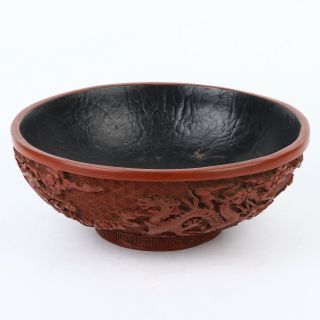 Antique Chinese Cinnabar Lacquerware Carving Dragon Bowl