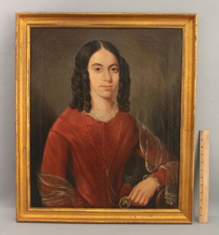 Mid - 19thc Antique Civil War Period American Portrait Painting,  Woman & Locket Nr