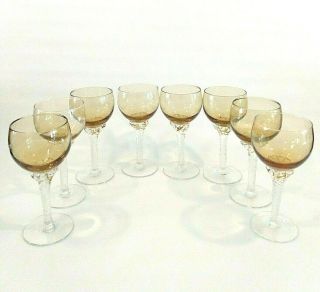 Vintage Set Of 8 Hand Blown Amber And Crystal Twisted Stem Wine Glass